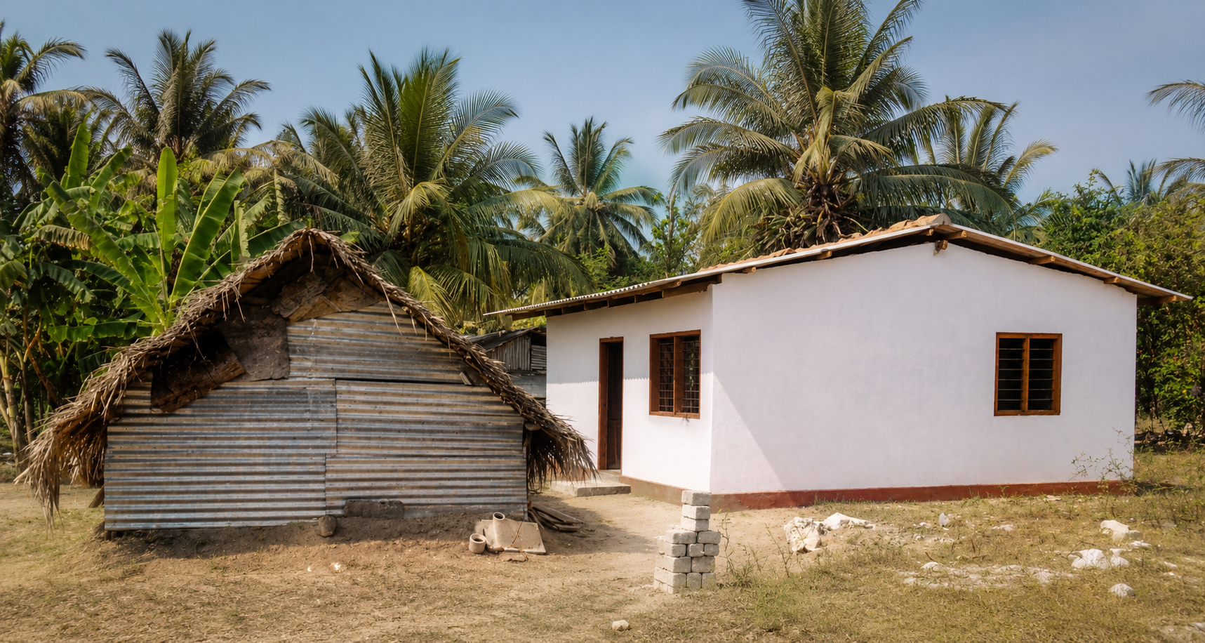 Alte Hütte und neues festes Haus in Sri Lanka