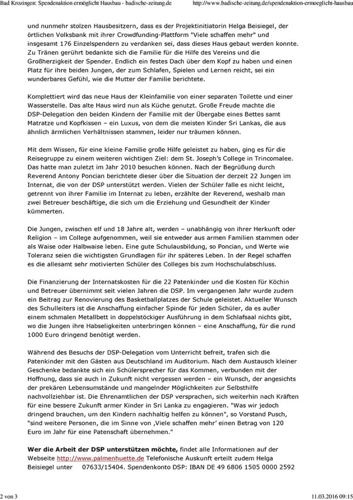 Badische Zeitung: Spendenaktion ermöglicht Hausbau, Seite 2